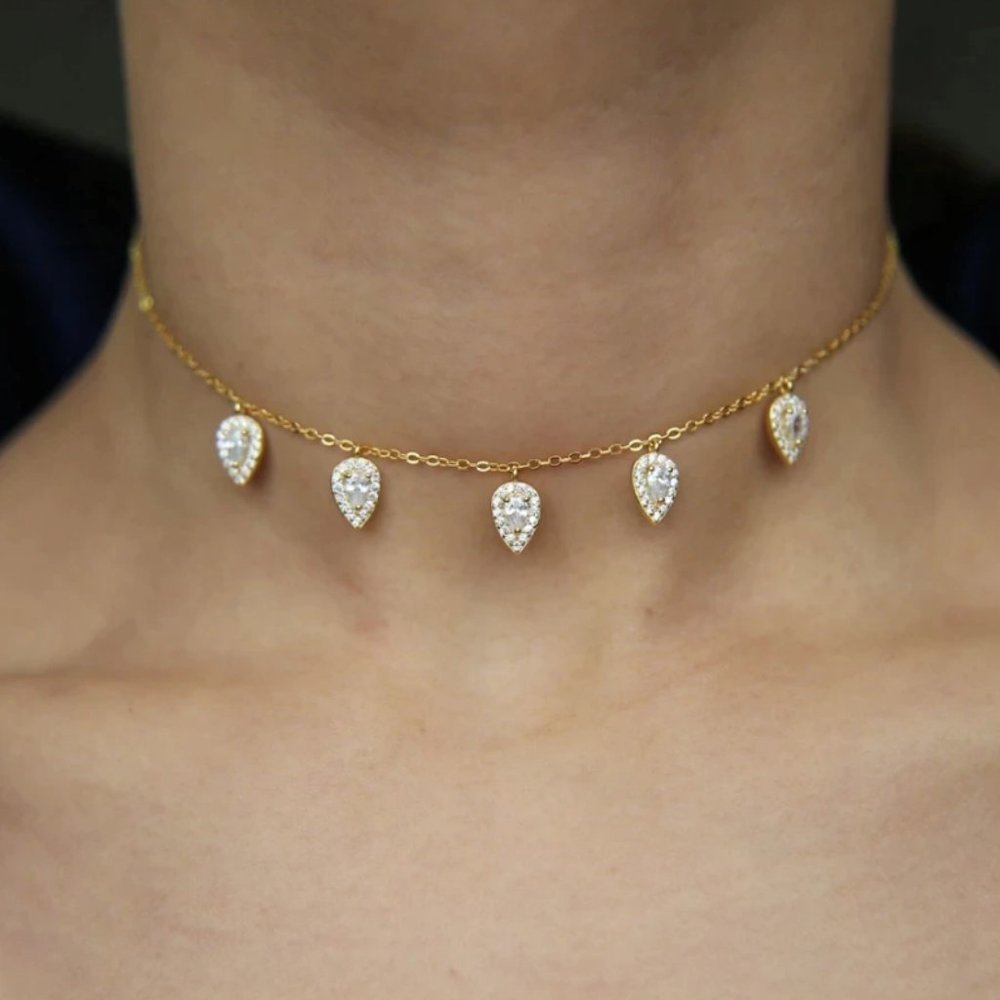 925 Diamond CZ Tear Drop Charm Necklace Choker 258 - Picture 2 of 5